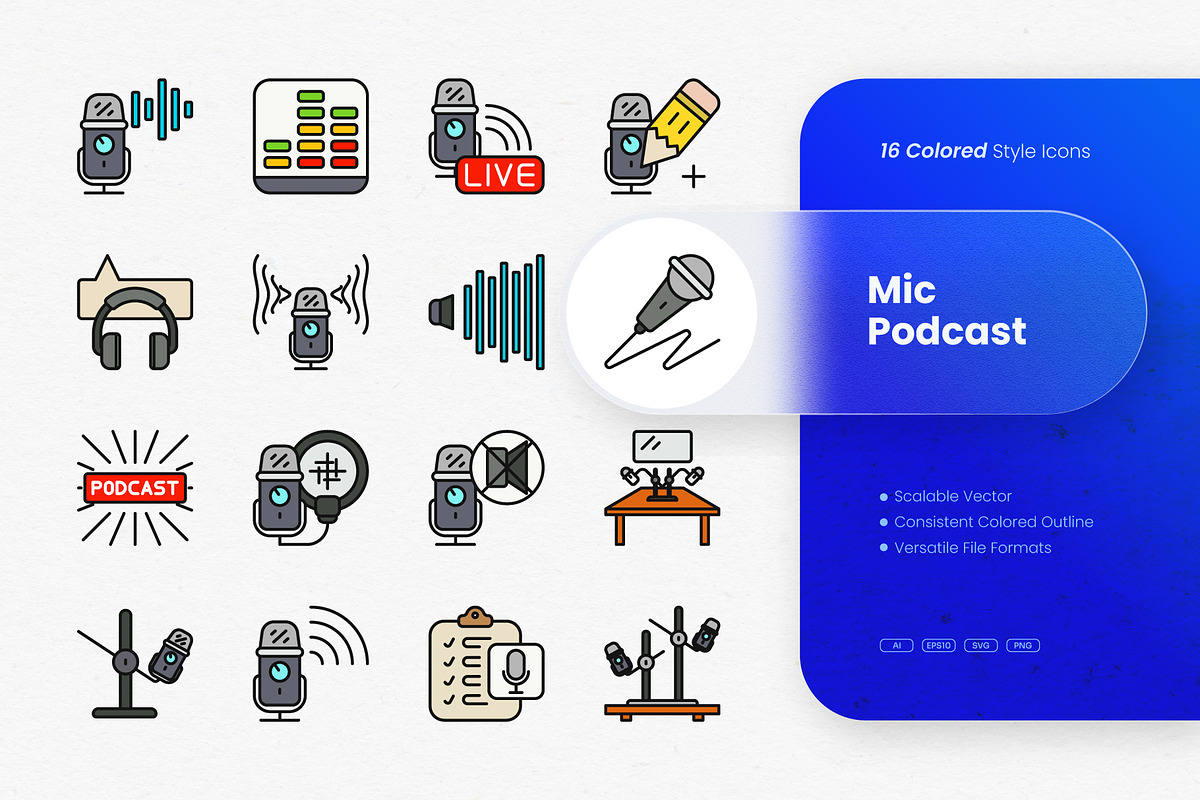 Mic Podcast Colored Icons, an Outline Icon by cidcud_graphic