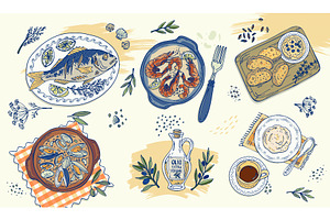 Hand drawn mediterranean food set