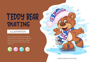 Cartoon Teddy Bear Skating., an Animal Illustration by KENO Mascots