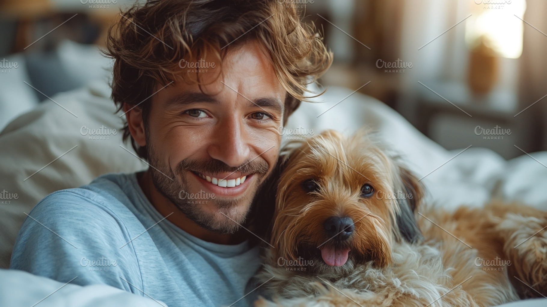A young Caucasian man smiles warmly while cuddling his fluffy dog on a cozy bed, a Person Photo by ImageMir