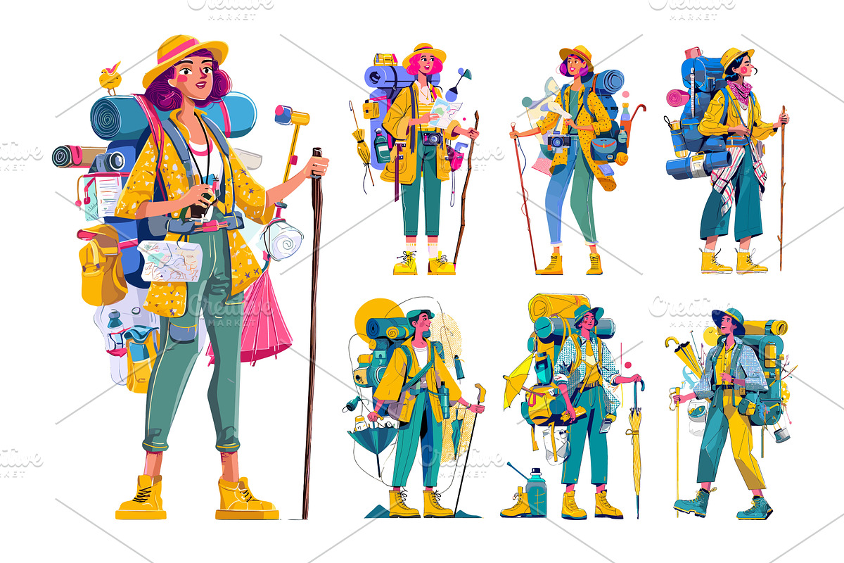 Female traveler cartoon vector set, a Person Illustration by Onyx
