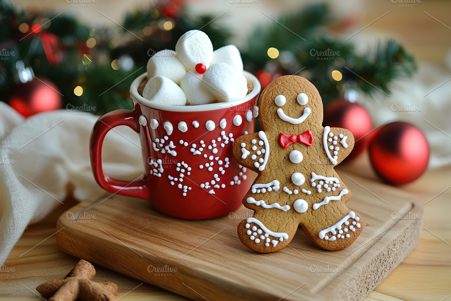 Christmas gingerbread man cookie and red cup with white marshmal, a Food & Drink Photo by AlyaAnd