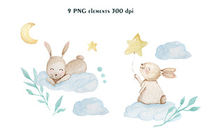 Watercolor Cute Bunny Pattern JPEG