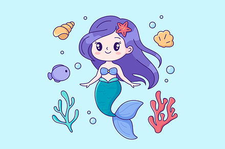Kawaii mermaid girl with a fish