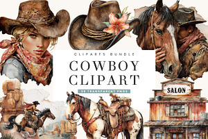Watercolor Cowboy Clipart Bundle, a Person Illustration by BusyDaydesign
