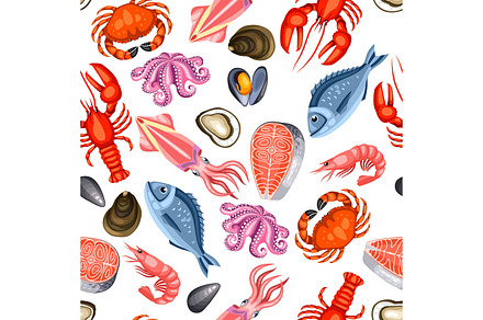 Pattern with various seafood, a Pattern Graphic by incomible
