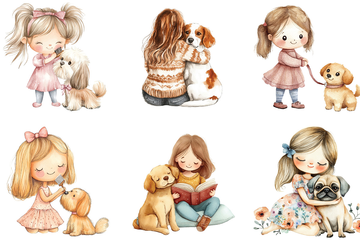 Girl & Best Friends Dog Clipart, an Illustration by CraftArtStudio (Photo 2 of 6)