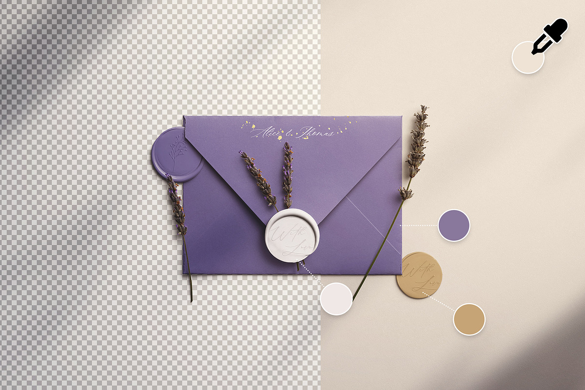 Envelope with Wax Seals and Lavender, a Product Mockup by Custom Scene (Photo 5 of 11)