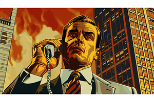 Dramatic Businessman on Corded Phone, a Person Illustration by AlexArt