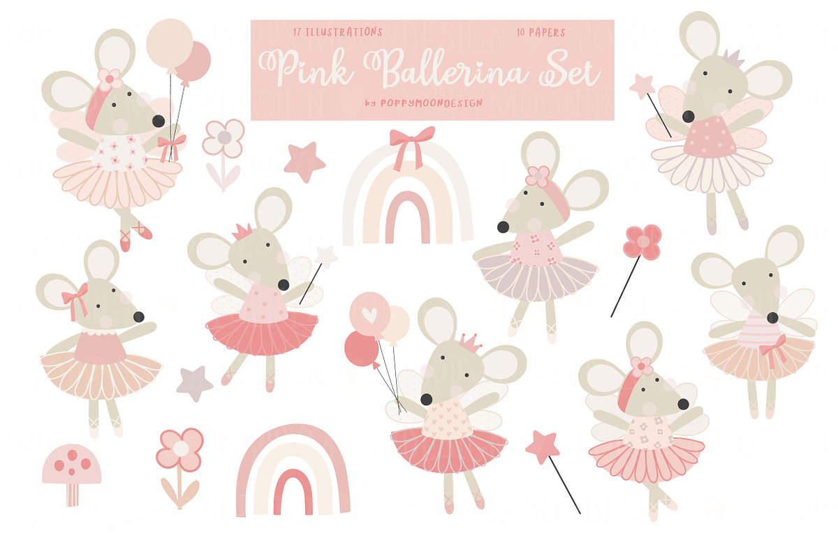 Pink Ballerina clipart and paper set, an Animal Illustration by Poppymoondesign (Photo 2 of 10)