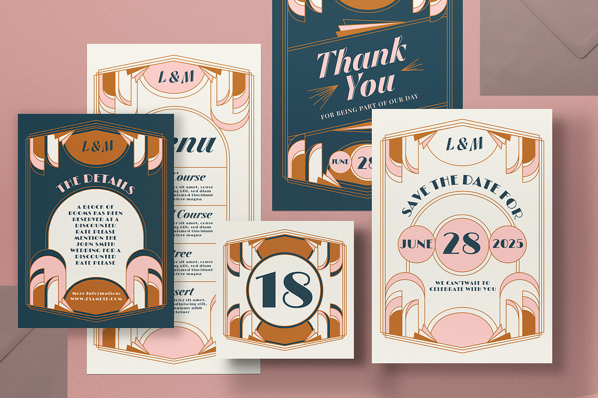 Art Deco Wedding Invitation Set, an Invitation Template by graphicook (Photo 2 of 3)