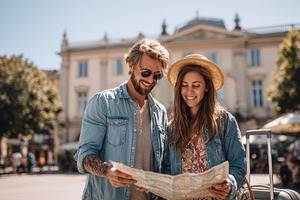 Couple exploring city with map happy, a Photo by Pixeness Studio