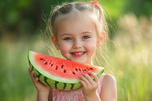 Cute little girl eating ripe slice of watermelon on blurred gree, a Food & Drink Photo by AlyaAnd