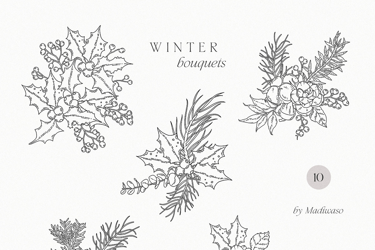 WINTER FLORAL Christmas line art set, a Decorative Illustration by Madiwaso (Photo 3 of 9)