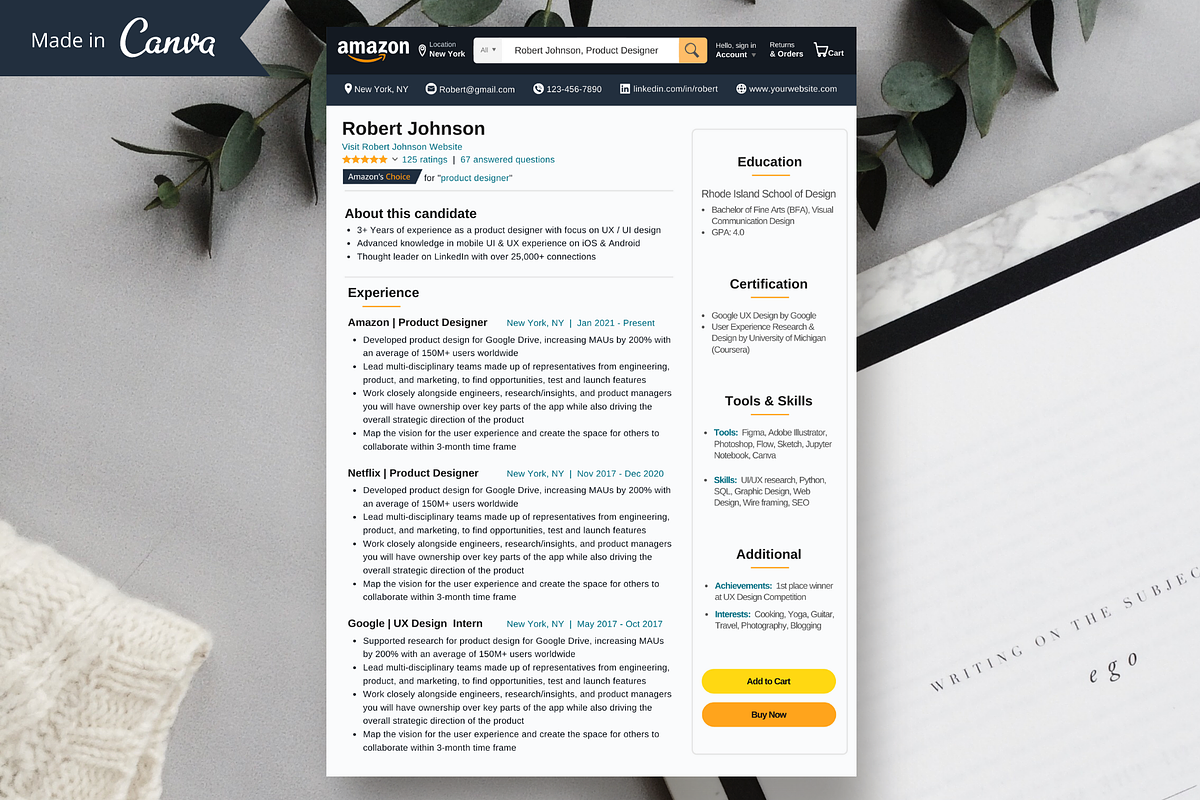 AMAZON Resume Template 2026 ATS CV, a Resume Template by ...