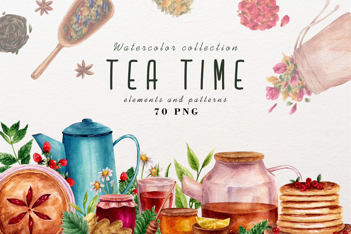 Tea and berry pie watercolor set, a Food Illustration by a_ptichkina (Photo 1 of 6)