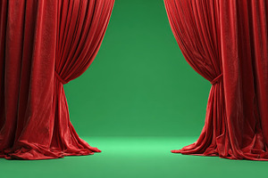 Red velvet curtains on green stage r, a Photo by Pixeness Studio