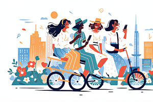 Four cheerful women enjoying a tricycle ride amidst a vibrant cityscape, an Illustration by AS photostudio