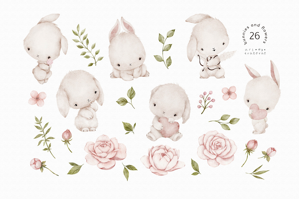 LOVELY BUNNIES watercolor set, an Animal Illustration by erasovas (Photo 5 of 11)