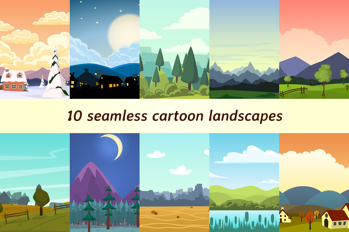 10 seamless cartoon landscapes, an Illustration by SHMEL_Studio (Photo 1 of 5)