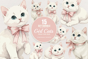 15 Bundle Watercolor Girl Cat Pink