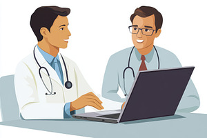 Two doctors using laptop discussing, a Health & Medical Photo by Pixeness Studio