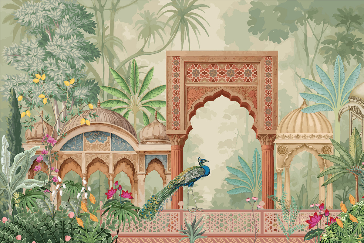 Traditional Mughal garden scene, a Decorative Illustration by Mughal Wallpaper