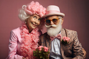 Stylish elderly couple in matching pink outfits, posing with ros, a Person Photo by ImageMir