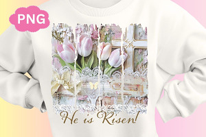 He is Risen Cross Spring Flowers PNG