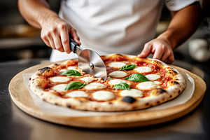 Artisan Chef Slicing a pizza, a Photo by rarrarorro