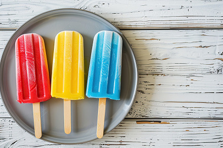 Colorful ice cream popsicles in plate on wooden background, a Food & Drink Photo by AlyaAnd
