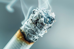 Burning smoking cigarette on white background, a Photo by AlyaAnd