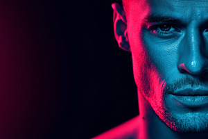 Man illuminated by dramatic neon, a Person Photo by MistyDay