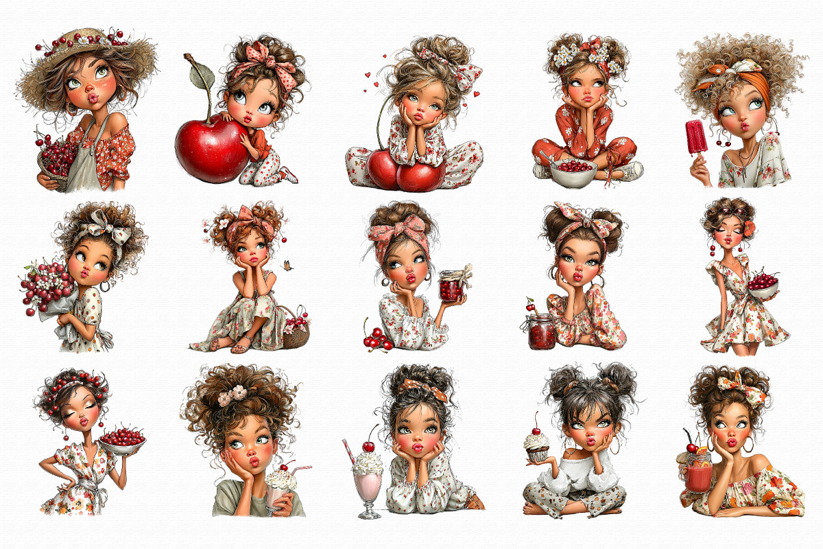 Watercolor Cherry Girl Clipart PNG, an Illustration by Libby Wishes (Photo 3 of 4)