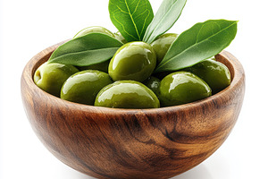 Green Olives in Wooden Bowl Fresh Ha, a Food & Drink Photo by Pixeness Studio