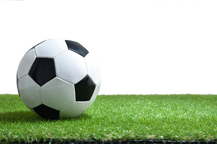 Soccer ball on synthetic grass and white isolated background, a Sports & Recreation Photo by Davizro's Market