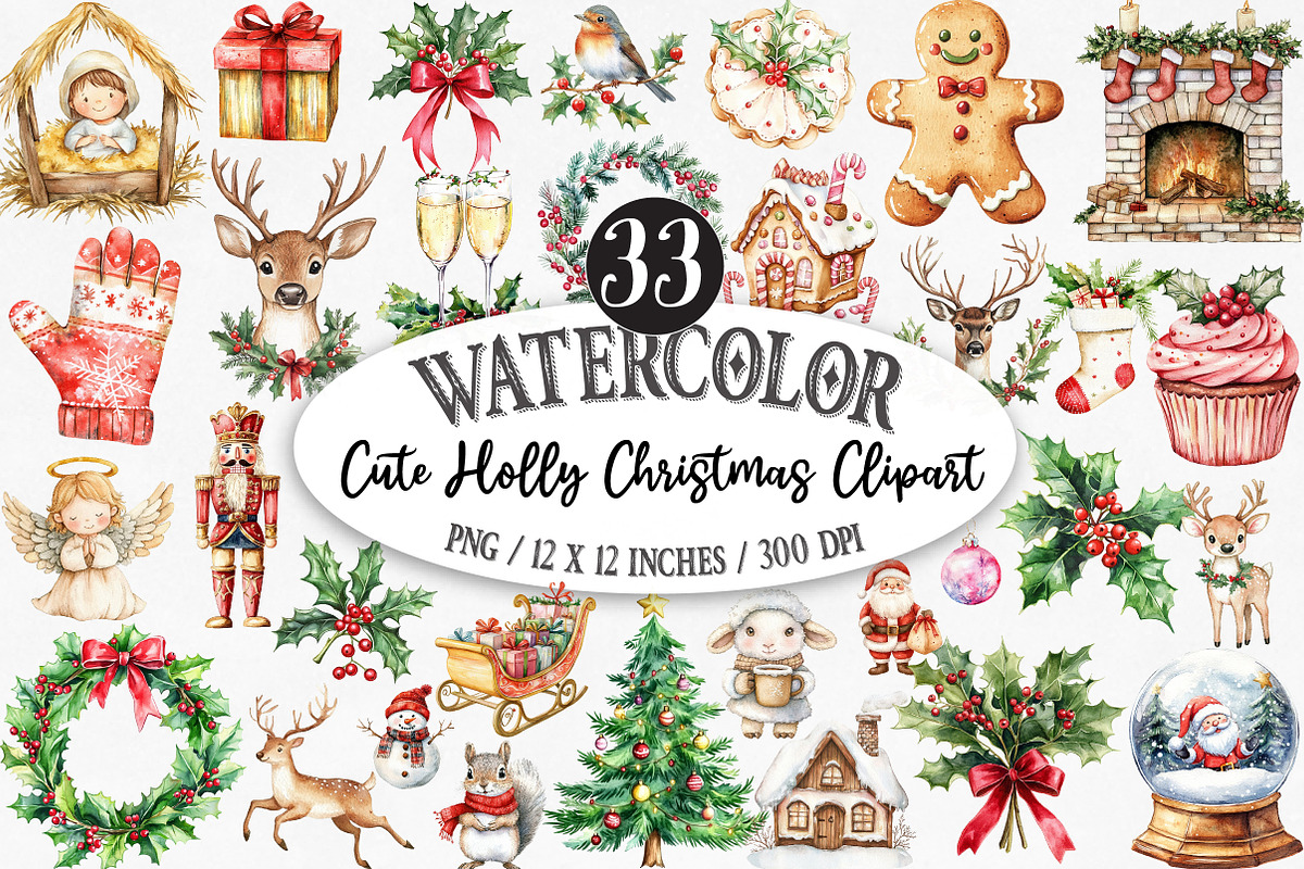 Cute Holly Christmas Clipart Bundle, an Illustration by Designking (Photo 1 of 5)