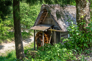 Traditional watermill surrounded by nature in Shirakawa-go, Japa, an Architecture Photo by GoodGoods