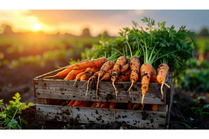 Freshly harvested carrots in wooden, a Food & Drink Photo by Igor Tichonow