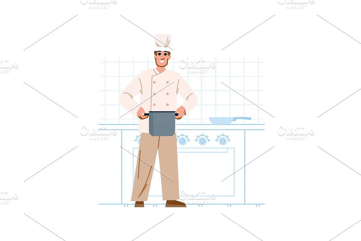 Smiling chef holding pot in, a Food Illustration by pikepicture