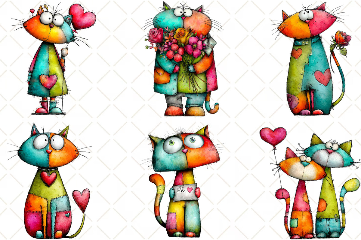 Quirky Valentine Cats Clipart, an Animal Illustration by Black Bird Studio (Photo 3 of 6)