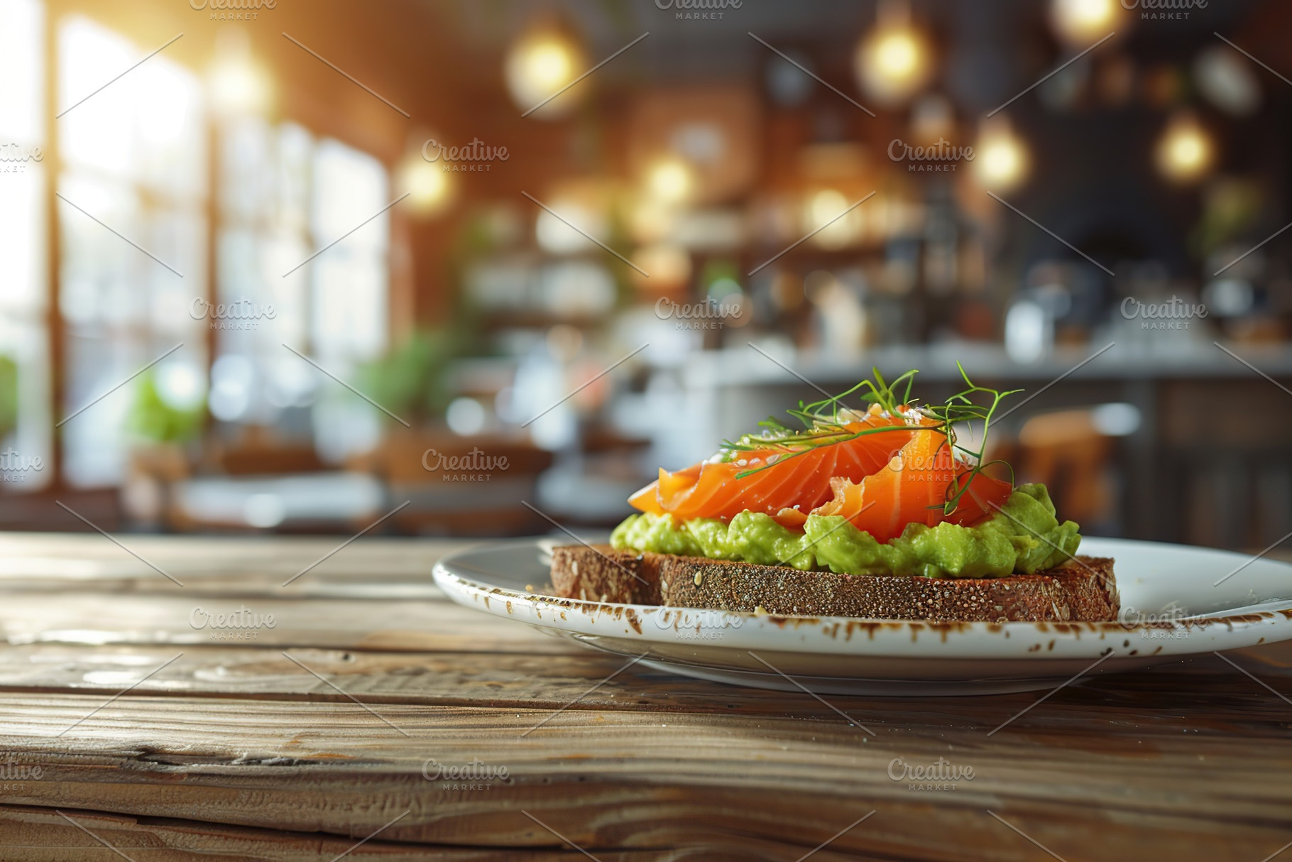 Toast bread with salted salmon and guacamole avocado on wooden table on blurred, a Food & Drink Photo by AlyaAnd