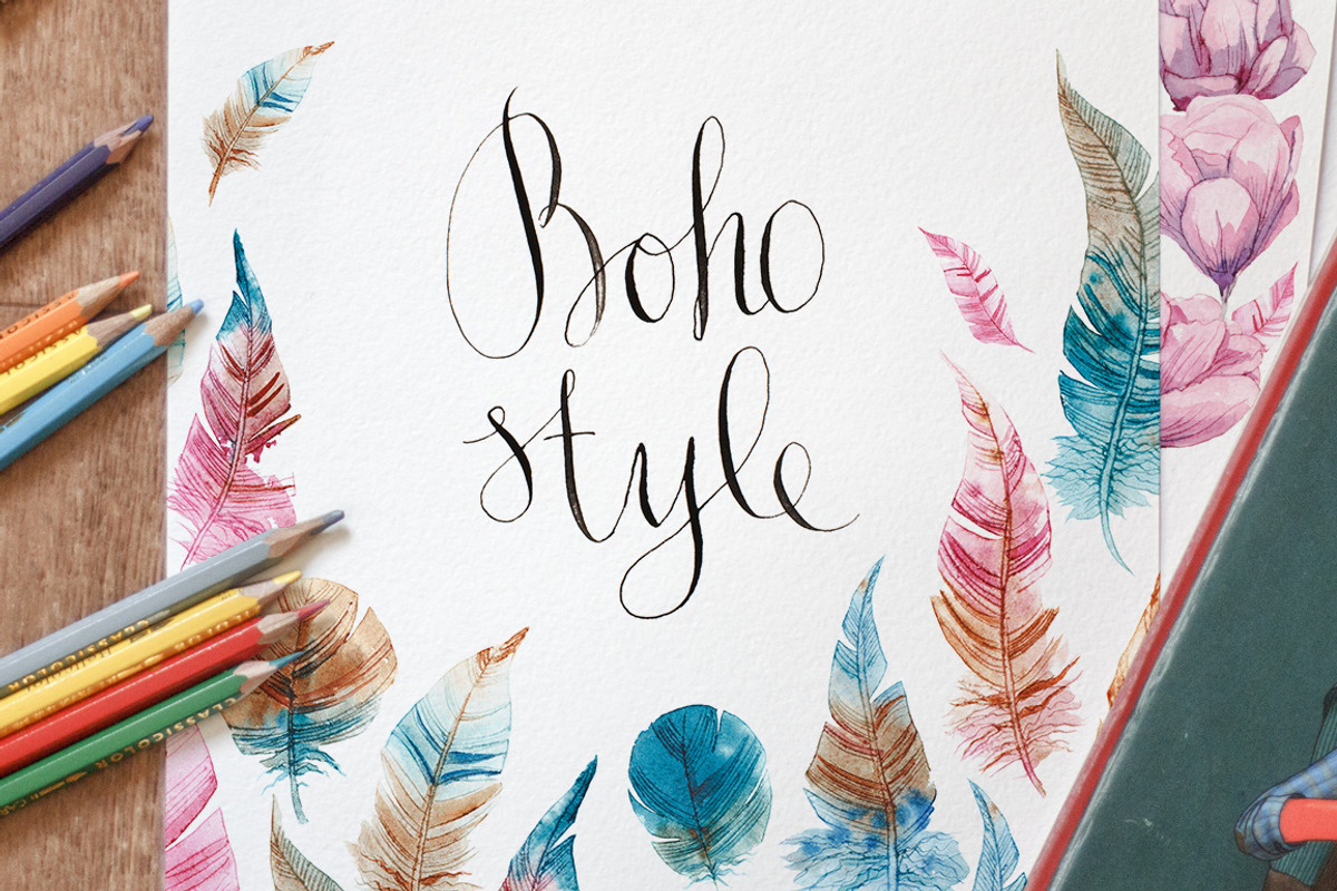 Watercolor feather and flowers, a Texture Illustration by katyabuslaeva (Photo 1 of 4)