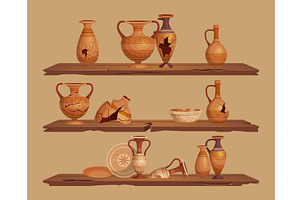 Cracked jugs on shelves. old style, an Illustration by Onyx