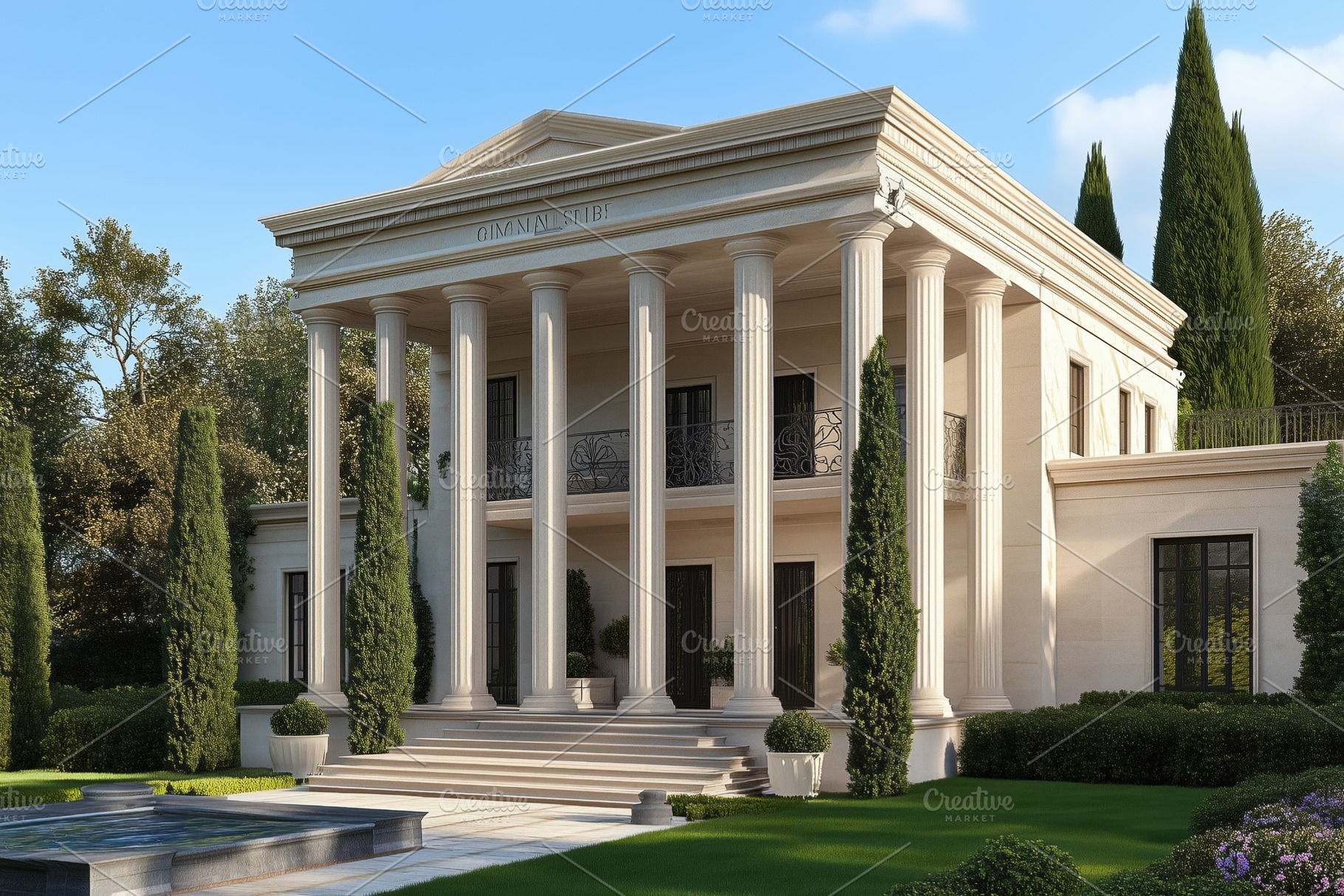 A neoclassical Greek Revival style mansion with tall columns and a ...