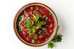 Bowl of beet root soup borsch on white background, a Food & Drink Photo by AlyaAnd