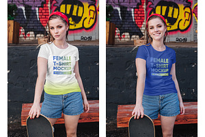 Female T-Shirt In City PSD Mockups