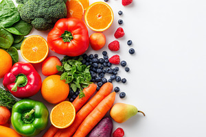 Colorful fresh produce flat lay on white background, a Food & Drink Photo by AlyaAnd