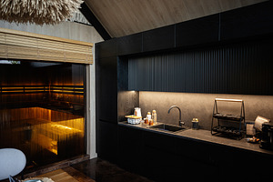 Modern minimalist kitchen with sauna, emphasizing dark colors and functional li, a Photo by AS photostudio