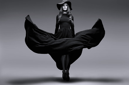 Elegant woman in long black dress containing black, white, and hat, a Beauty & Fashion Photo by MaxFrost